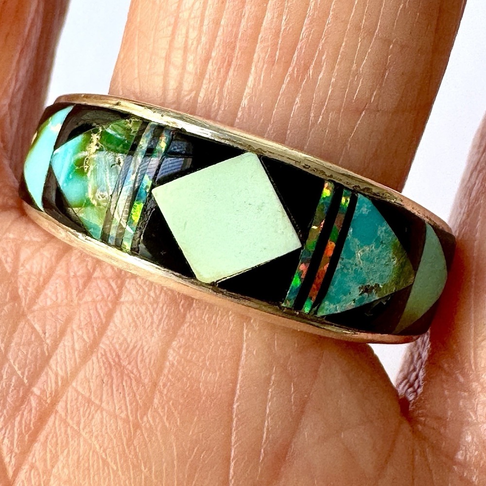 Navajo Mens Wedding Band Turquoise Opal Ring Sz‎ 11 Multi Inlay 9mm Mens Tolino